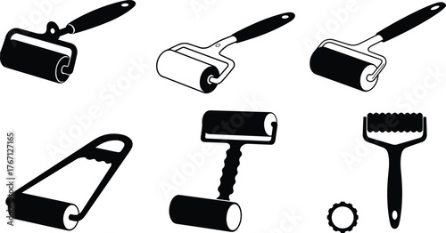 Black silhouette collection of various lint rollers and cleaning tools, detailed vector illustration for household, fabric, and hygiene design