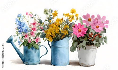 Fototapeta Naklejka Na Ścianę i Meble -  watercolor painting of flowers in an old blue watering can, a large bouquet with pink and yellow blossoms, and one in a vintage white bucket