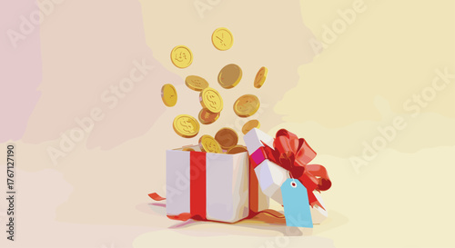 Surprise gift box overflowing with abundant gold coins, symbolizing wealth, fortune, and unexpected financial windfalls