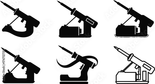 Black silhouette electric soldering gun collection, electronic repair tool vector illustration, professional DIY workshop equipment, industrial technology concept design