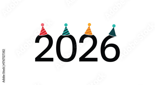 Celebrate the arrival of 2026 with festive party hats atop bold numerals, perfect for New Year's eve and event promotions