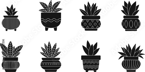 Black silhouette potted plants vector set, decorative houseplants collection, minimalist indoor greenery art, modern floral pot illustration design