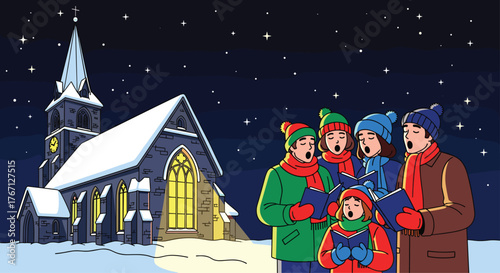 Joyful carolers sing Christmas songs outside a snow-covered church under a starry night sky, capturing festive holiday spirit