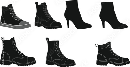 Black silhouette shoe collection, fashion footwear vector illustration, different boot and sneaker styles, stylish casual and formal shoe design
