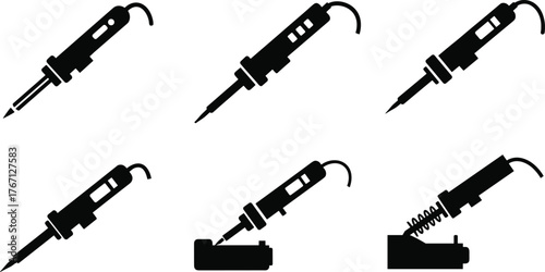 Black silhouette soldering iron collection, electronic repair tool illustration, electric soldering device vector, DIY workshop equipment, industrial technology design