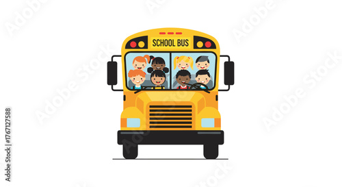 Happy diverse children excited for school adventures riding yellow bus together with smiles