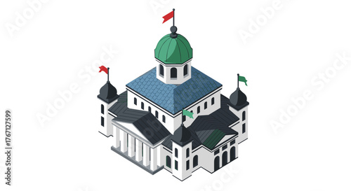 Elegant government building with dome and flags, symbolizing justice, law, and civic pride in isometric perspective