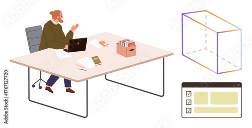 Person using a laptop at a desk with books and files, viewing a cube model and task checklist. Ideal for work management, 3D design, task organization, remote work, office productivity, goal