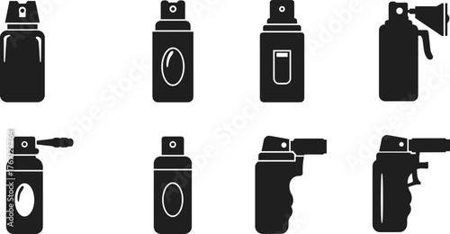 Black silhouette vector illustration of various spray bottle and gas lighter icons, isolated aerosol containers, pepper spray, perfume, deodorant, sanitizer design elements