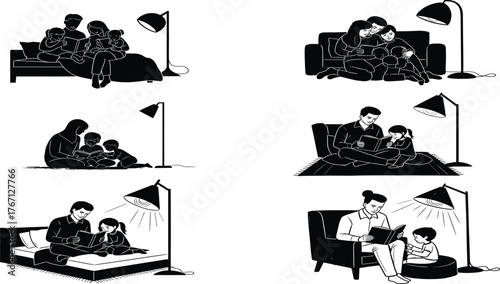 Family reading books together silhouette vector illustration showing parents and children bonding, education, bedtime story, love, learning, and home life.Family reading books together sil