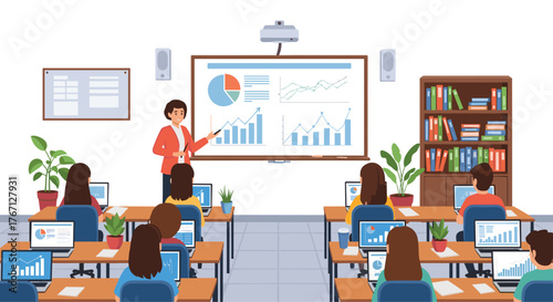 Engaged students learning business analytics from dynamic teacher presenting charts and graphs in modern classroom setting