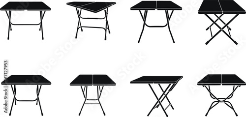 Black silhouette vector illustration of folding tables, portable furniture, camping tables, outdoor picnic tables, lightweight design for travel and home