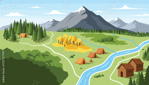 Serene mountain landscape showcasing a vibrant camping village with tents and cabins nestled beside a flowing river and lush forests