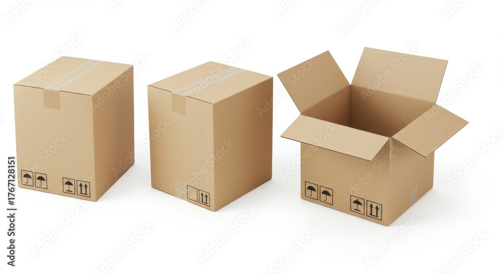 Fototapeta premium Three corrugated cardboard shipping containers display sealed and open states against a bright background