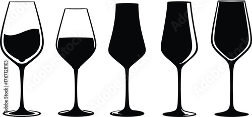 Black silhouette wine glass vector illustration set, elegant drinkware shapes collection for bar, restaurant, celebration, and design decoration concept