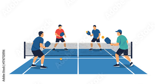 Active group of friends enjoying a dynamic game of pickleball on a bright blue court with a net, paddles, and balls in motion