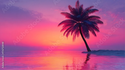 Solitary palm tree stands beside tranquil ocean waters during vivid sunset