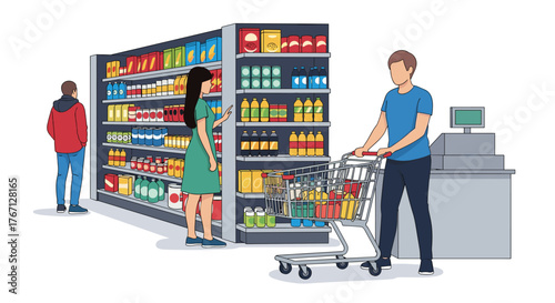 Shoppers select groceries from brightly lit supermarket aisles while a man pushes a full cart towards the checkout counter