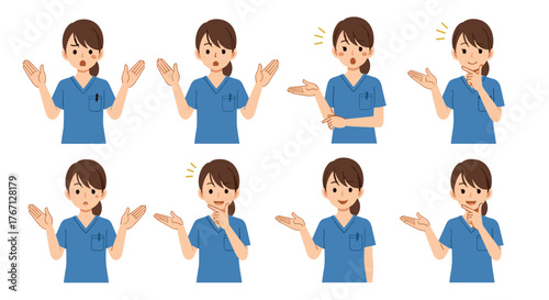 Caring nurse demonstrating various gestures and expressions, perfect for healthcare communication and medical concepts