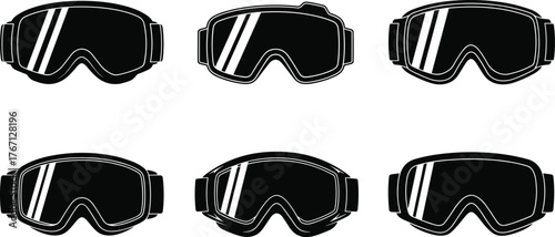 Black ski goggles silhouette set, winter sports eyewear protection, snowboarding gear vector illustration for safety, design, and outdoor adventure use