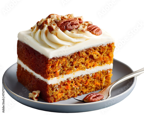 Indulge in a slice of homemade carrot cake with creamy frosting and crunchy pecans, perfect for dessert menus and seasonal promotions, capturing the warmth and comfort of home baking