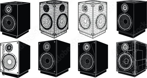 Black speaker vector set, sound system illustration with wireframe design, audio equipment concept for music production, studio, and technology background