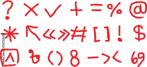 Collection of red hand drawn symbols and mathematical signs silhouette