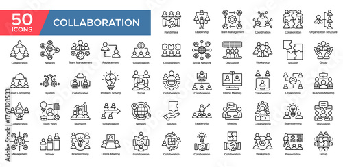 Collaboration collection set. Leadership, Team Management ,Collaboration, Organization Structure, Discussion, Network , Problem Solving, Business Meeting, icon. Simple Outline vector illustrati