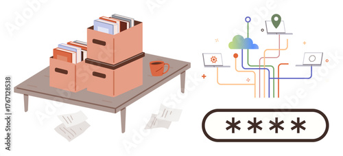 Boxes of files on a table, scattered papers, cloud-connected technology icons with paths, and a secure password highlight data organization. Ideal for data storage, cloud computing, document