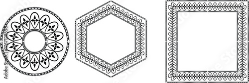 Collection of three ornate decorative frames oval hexagon and rectangle shapes intricate designs vector