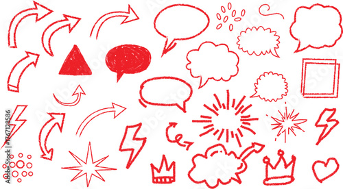 Hand drawn comic speech bubbles arrows stars explosions crowns hearts simple doodle elements vector