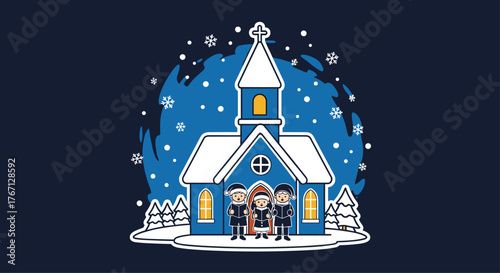Joyful children sing carols outside a charming snow-covered church on a festive winter evening