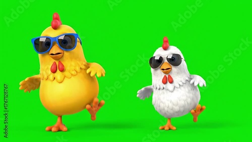 3D Cartoon Dancing Chickens With Sunglasses Green Screen Animation