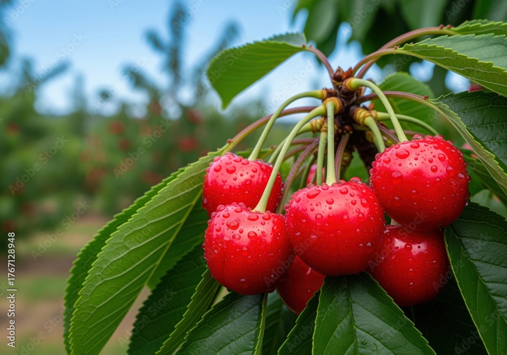 Obraz premium Juicy red cherries glistening with water drops on a branch in orchard