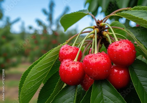 Juicy red cherries glistening with water drops on a branch in orchard