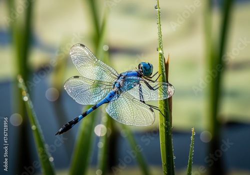 Striking iridescent blue dragonfly with delicate wings perched on a dewy reed