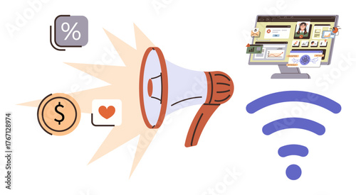 Megaphone emitting notifications thumbs up percentage, money, and heart icons, alongside a wireless signal and computer screen. Ideal for digital marketing, online promotion, advertising, e-commerce