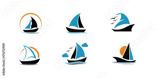Sailing boat logo set. icon abstract vector template. Sailboat on the waves. Vector illustration