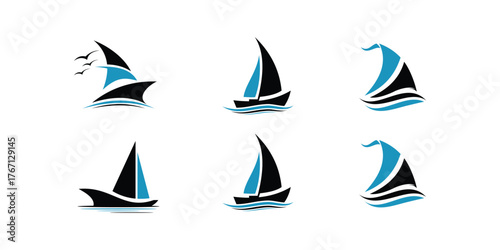 Sailing boat logo set. icon abstract vector template. Sailboat on the waves. Vector illustration