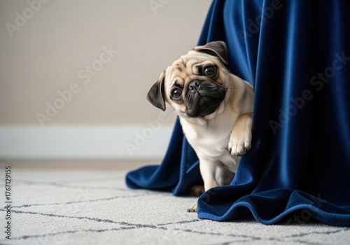 Charming pug dog peeking playfully from behind a luxurious blue velvet