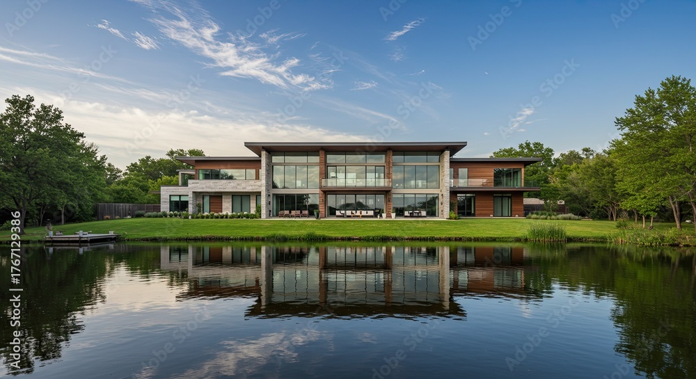 Obraz premium Magnificent modern house reflecting in the tranquil pond with a serene blue sky providing a