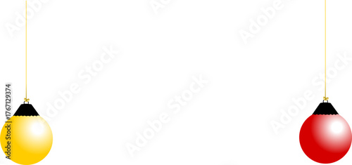 Minimalist illustration of two festive baubles, yellow and red, suspended against a clean white backdrop.