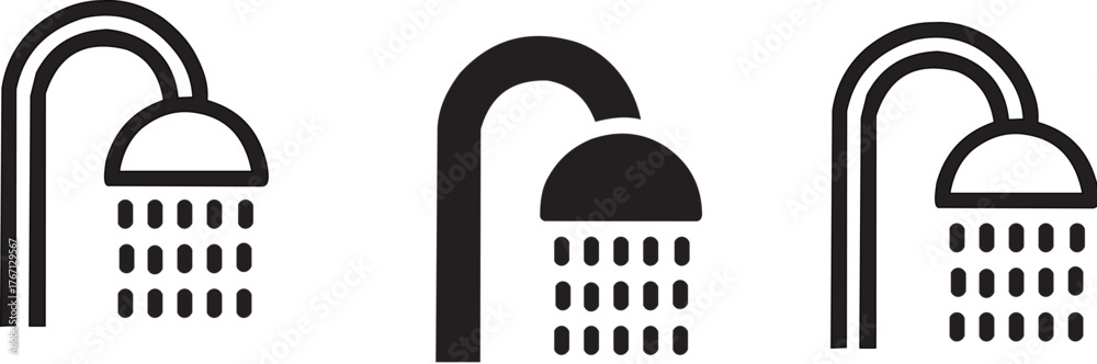 Multipurpose shower vector icon in outline, glyph, filled outline style. Three icon style variants in one pack.