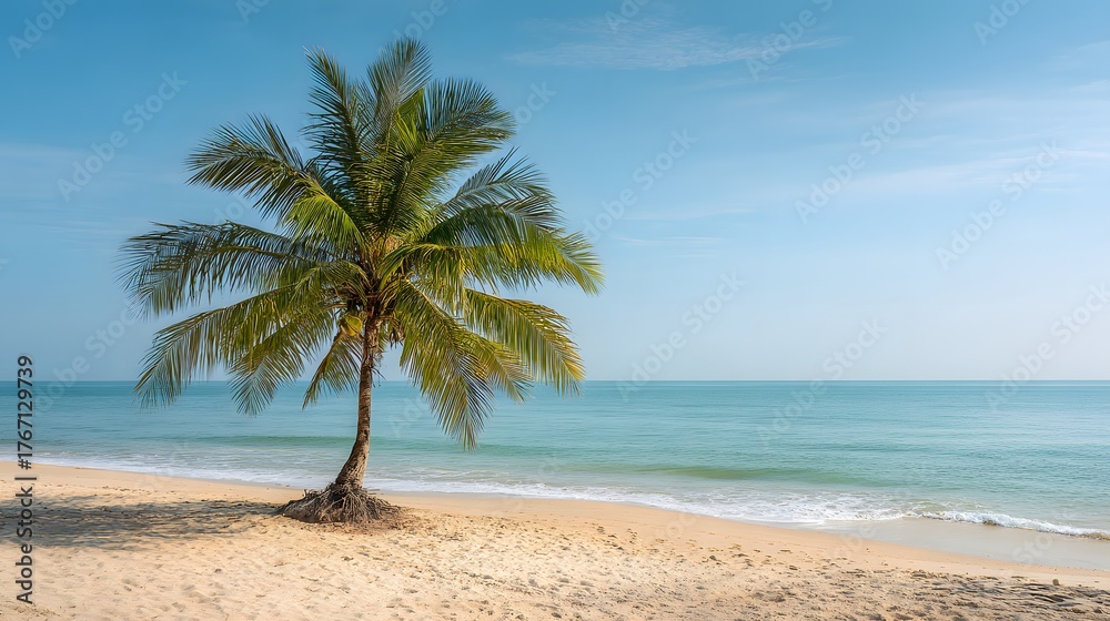 Obraz premium Solitary palm tree stands on sunlit tropical beach beside turquoise ocean waves