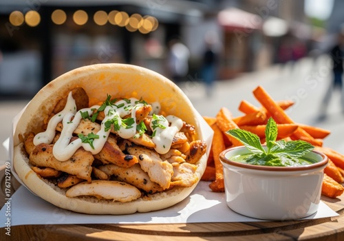 Gourmet chicken shawarma with sweet potato fries and green dip on a wooden board