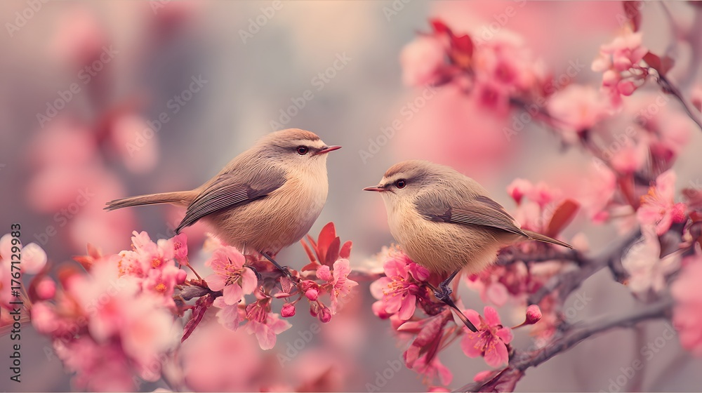 Obraz premium Two small songbirds perch closely on a branch adorned with vibrant pink blossoms
