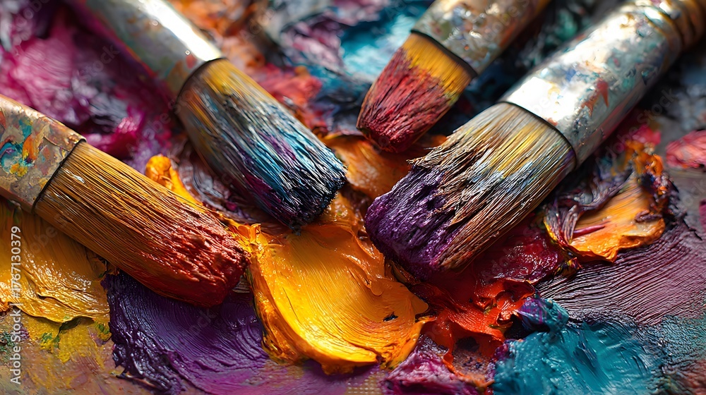 Fototapeta premium Several well-used paintbrushes rest upon a vibrant, textured palette of colorful oils