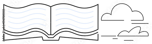 Open book with flowing lines and outline clouds, representing storytelling, knowledge, imagination, and ideas. Ideal for education, creativity, literature, mindfulness freedom learning simple flat