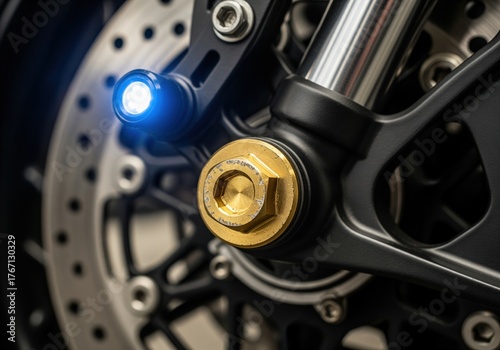 Wallpaper Mural Polished brass brake caliper bolt with glowing blue light on a motorcycle Torontodigital.ca