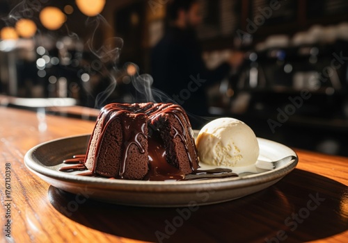 Decadent chocolate lava cake with warm gooey center and vanilla ice cream